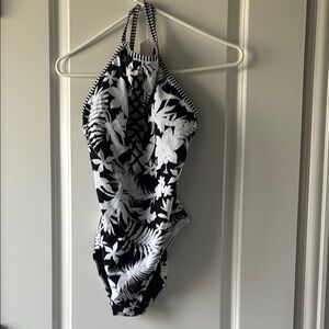 Black and White Floral Halter Swimsuit